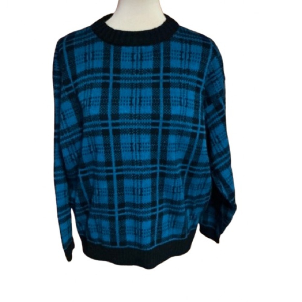 Vtg 80s blue plaid oversized grandpa sweater